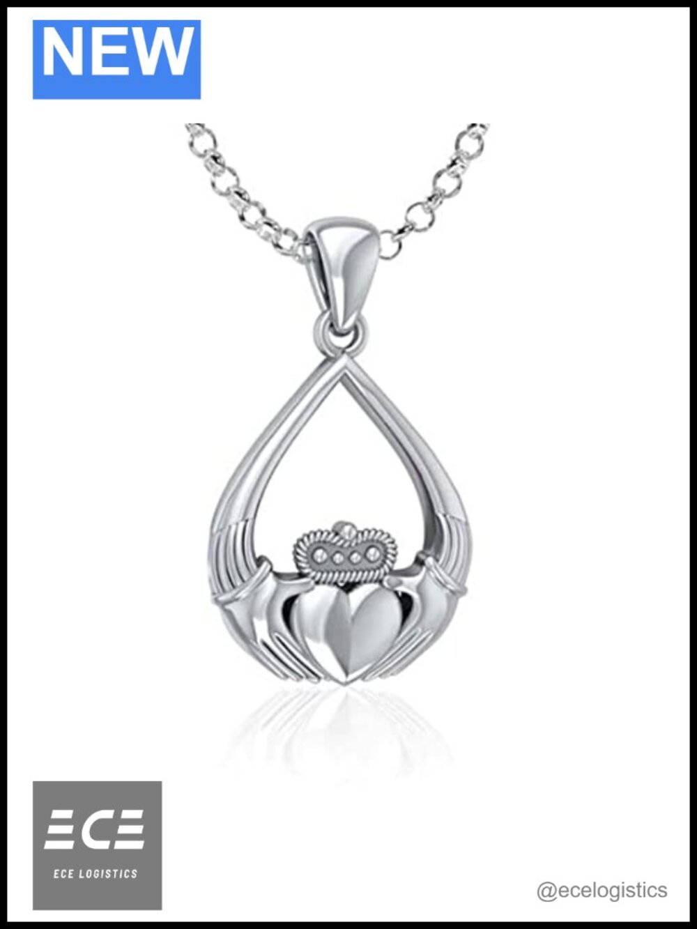 925 Sterling Silver Claddagh Necklace Irish Pendant 18" Chain